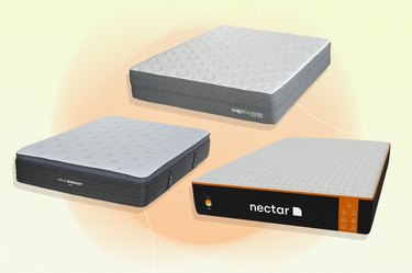 a collage of some of the best cooling mattresses for hot sleepers, on a yellow and orange background