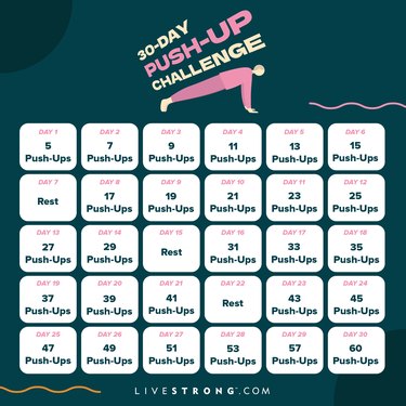 a square infographic shows the daily calendar for the 30-day push-up challenge starting with 5 push-ups on day 1 and building up to 60 push-ups on day 30 with rest days every 7 days