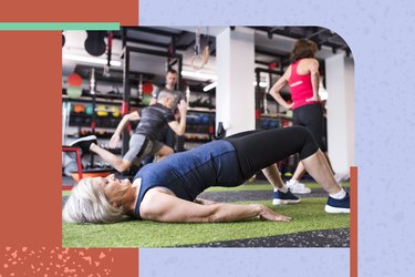 Older fit person with gray hair does the glute bridge exercise as part of LIVESTRONG.com's 4-week glutes challenge