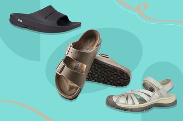 a collage of some of the best shoes for plantar fasciitis on a light blue background