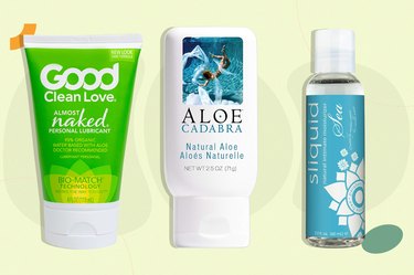 a collage of some of the best lubes for sensitive skin on a light yellow background