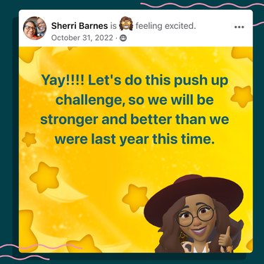 a screenshot of a post in the LIVESTRONG Challenge Facebook group where someone says "Yay!!!! Let's do this push-up challenge so we will be stronger and better than we were last year this time."