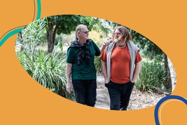 older couple in sunglasses and glasses walking outside to take more steps for the daily steps challenge