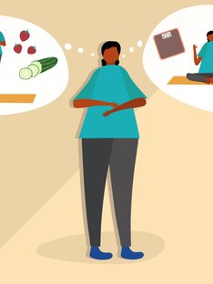 Illustration of a woman with irritable bowel syndrome thinking about potential treatments for IBS