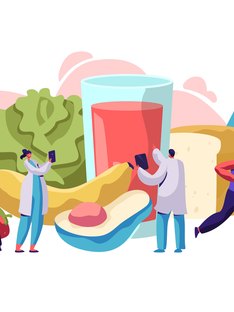 An illustration of weight-loss program elements, including healthy food, group support, exercise and expert counselors