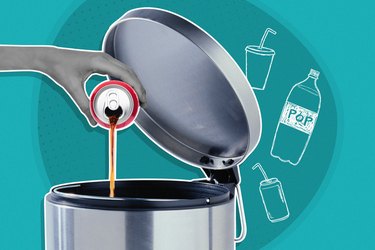 mixed media graphic showing hand pouring can of soda into trash can